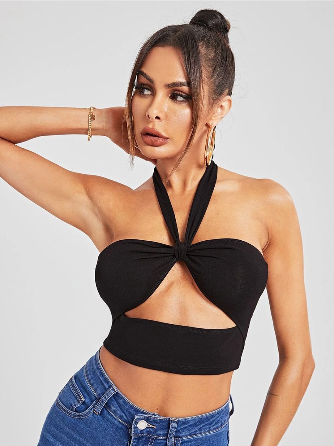 

TANDUL Women Solid Halter Neck Bralette Top, Black