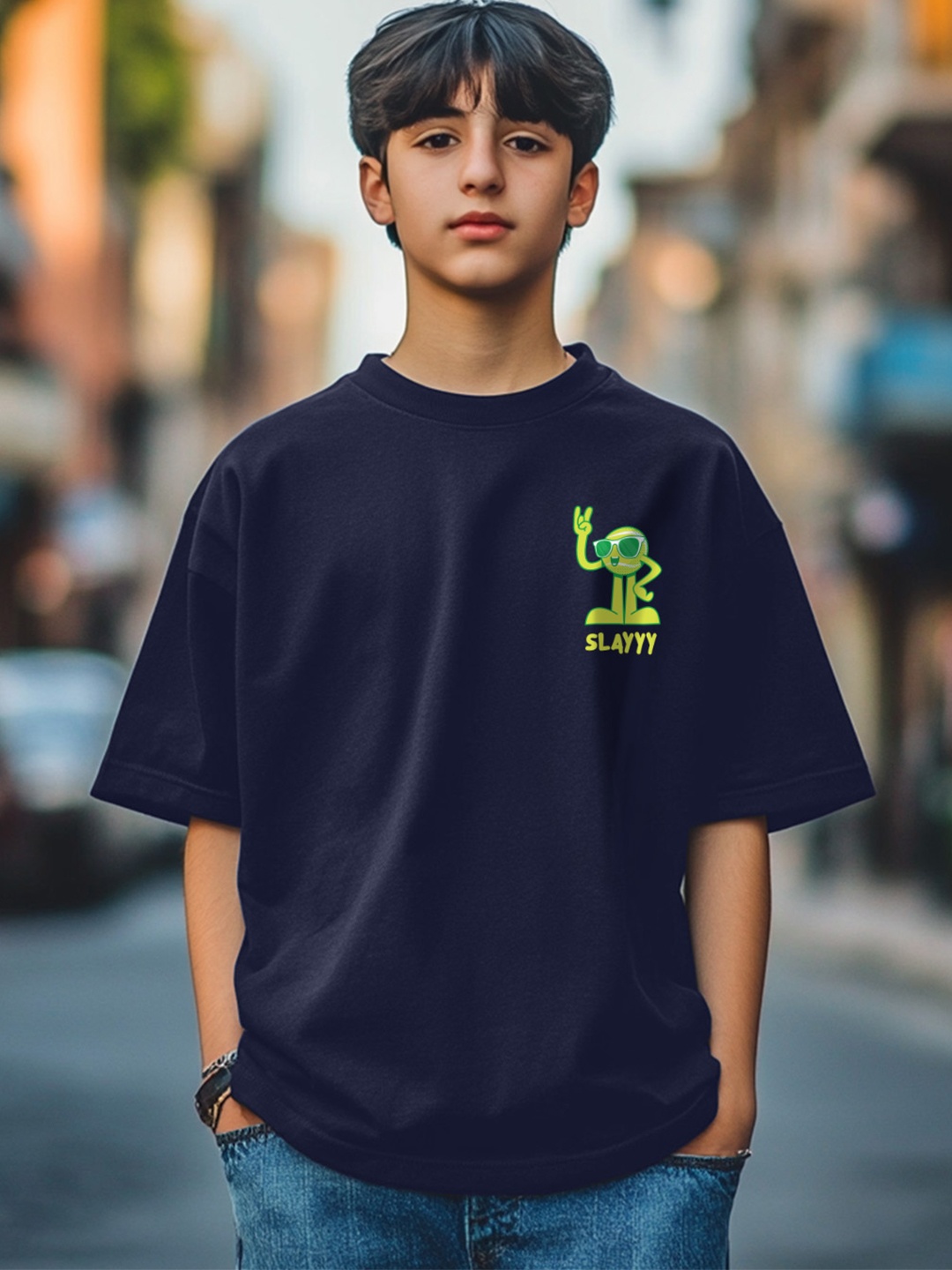 

VEIRDO Boys Printed Round Neck Pure Cotton Oversized Tshirt, Navy blue
