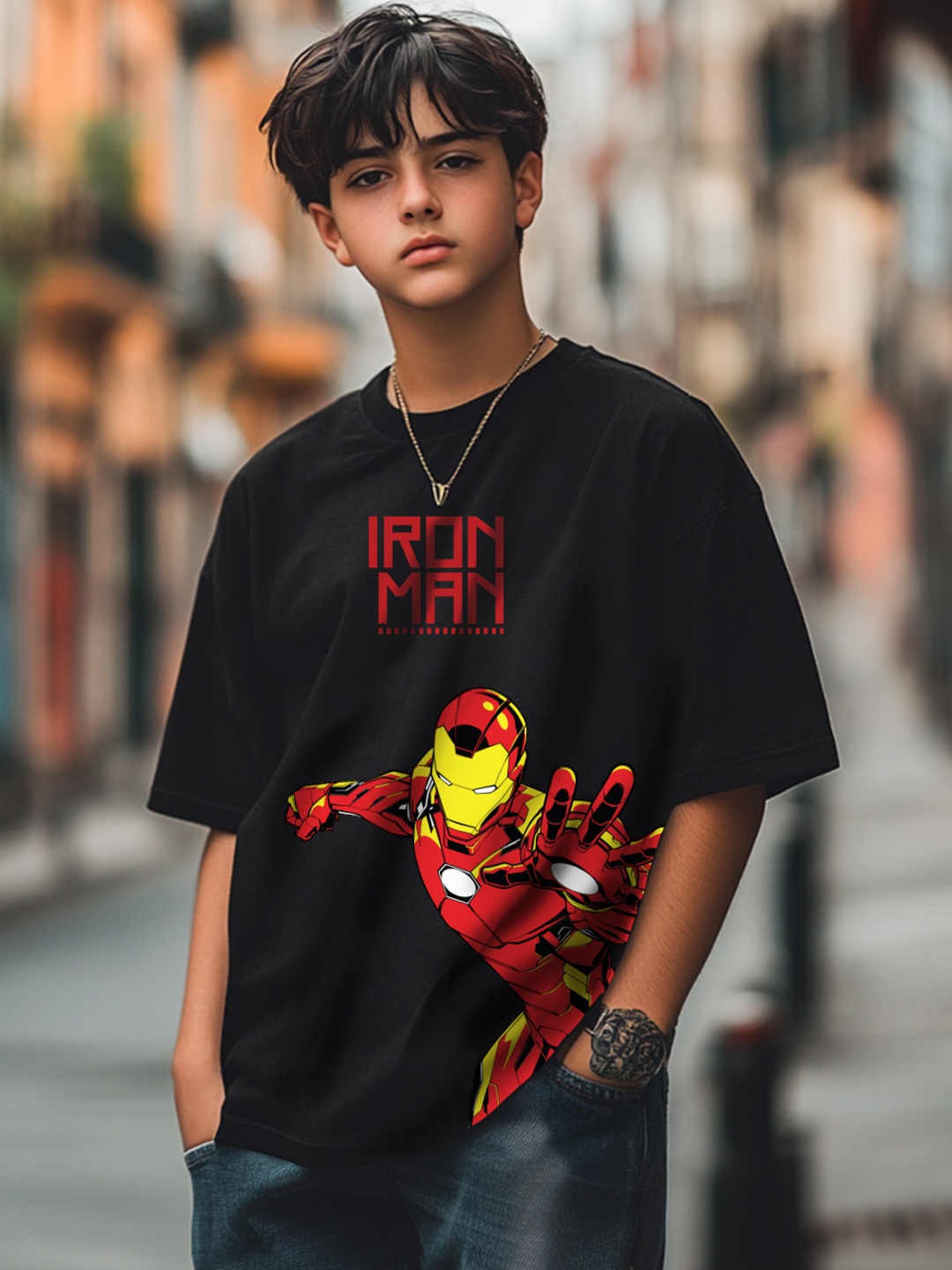 

VEIRDO Marvel Boys Printed Round Neck Pure Cotton Oversized Tshirt, Black