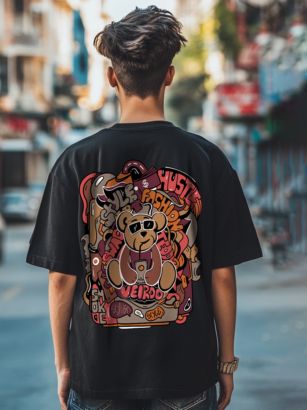 

VEIRDO Boys Printed Round Neck Pure Cotton Oversized Tshirt, Black