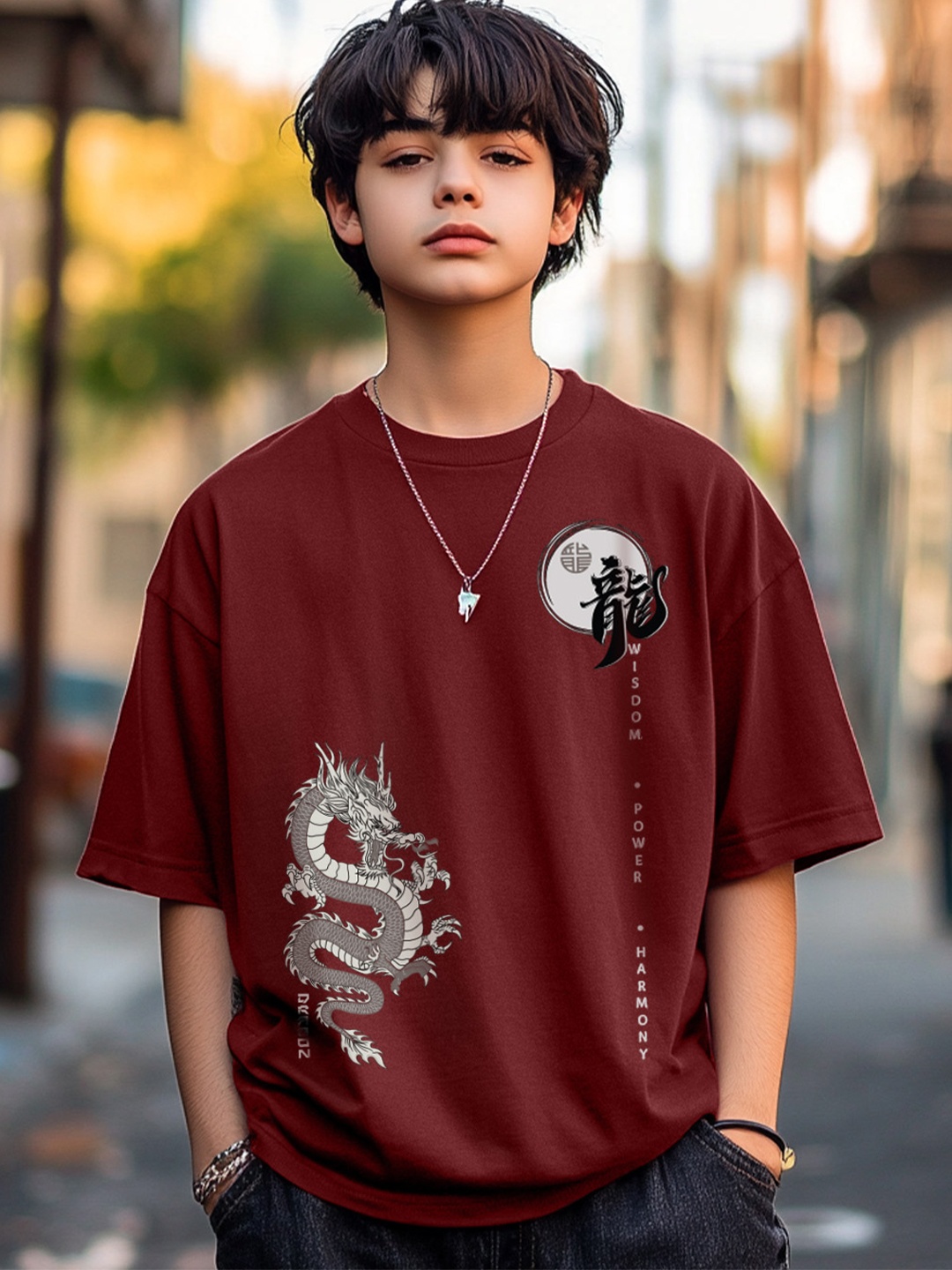 

VEIRDO Boys Printed Round Neck Pure Cotton Oversized Tshirt, Maroon