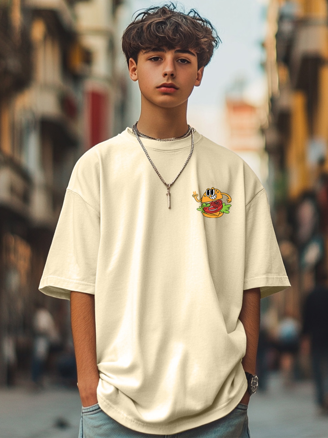

VEIRDO Boys Printed Round Neck Pure Cotton Oversized Tshirt, Beige