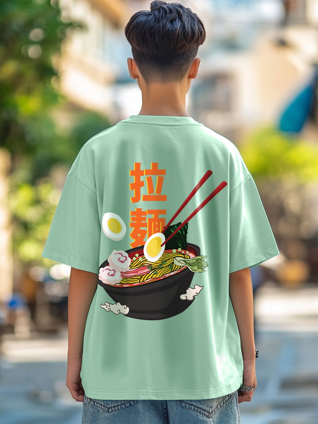 

VEIRDO Boys Printed Round Neck Pure Cotton Oversized Tshirt, Green