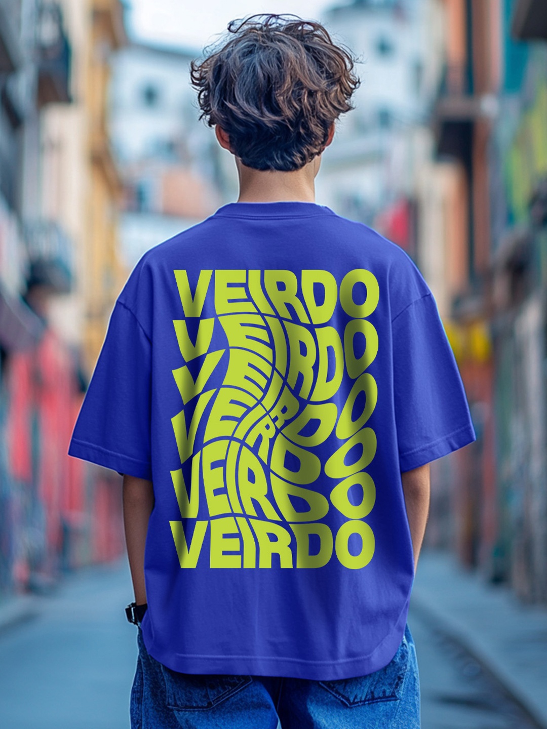 

VEIRDO Boys Printed Round Neck Pure Cotton Oversized Tshirt, Blue