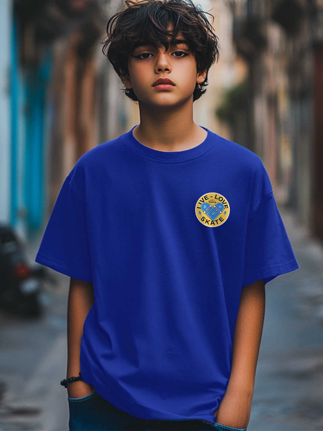 

VEIRDO Boys Printed Round Neck Pure Cotton Oversized Tshirt, Blue