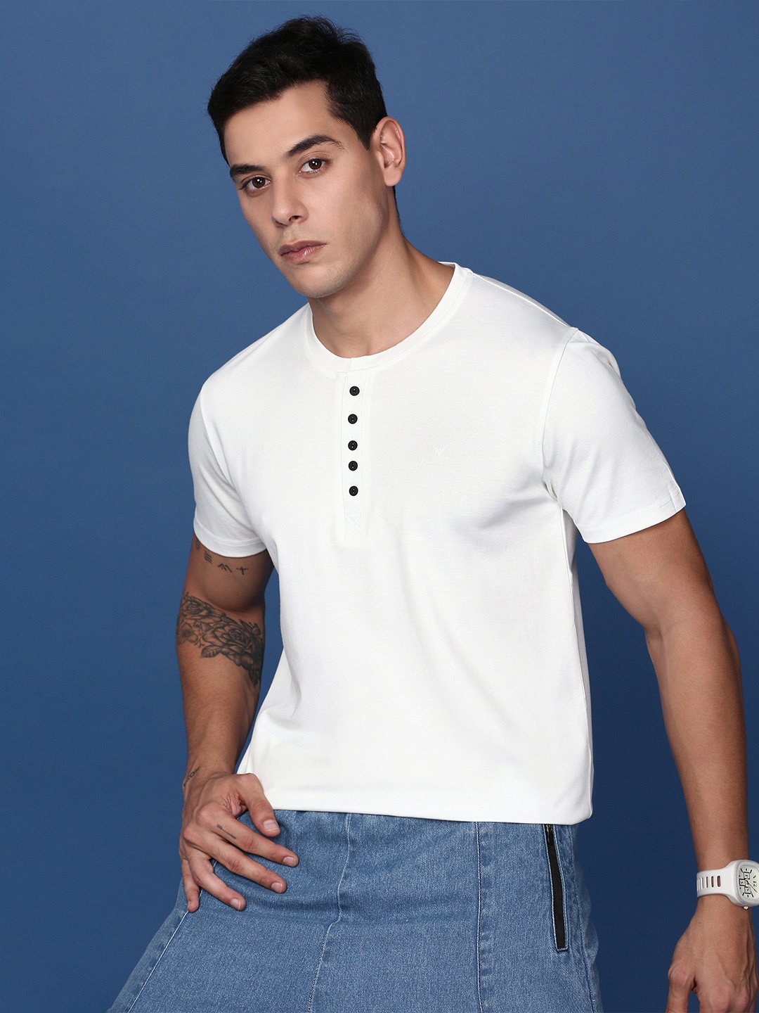 

SHOWOFF Men Solid Henley Neck Cotton Slim Fit Tshirt, White