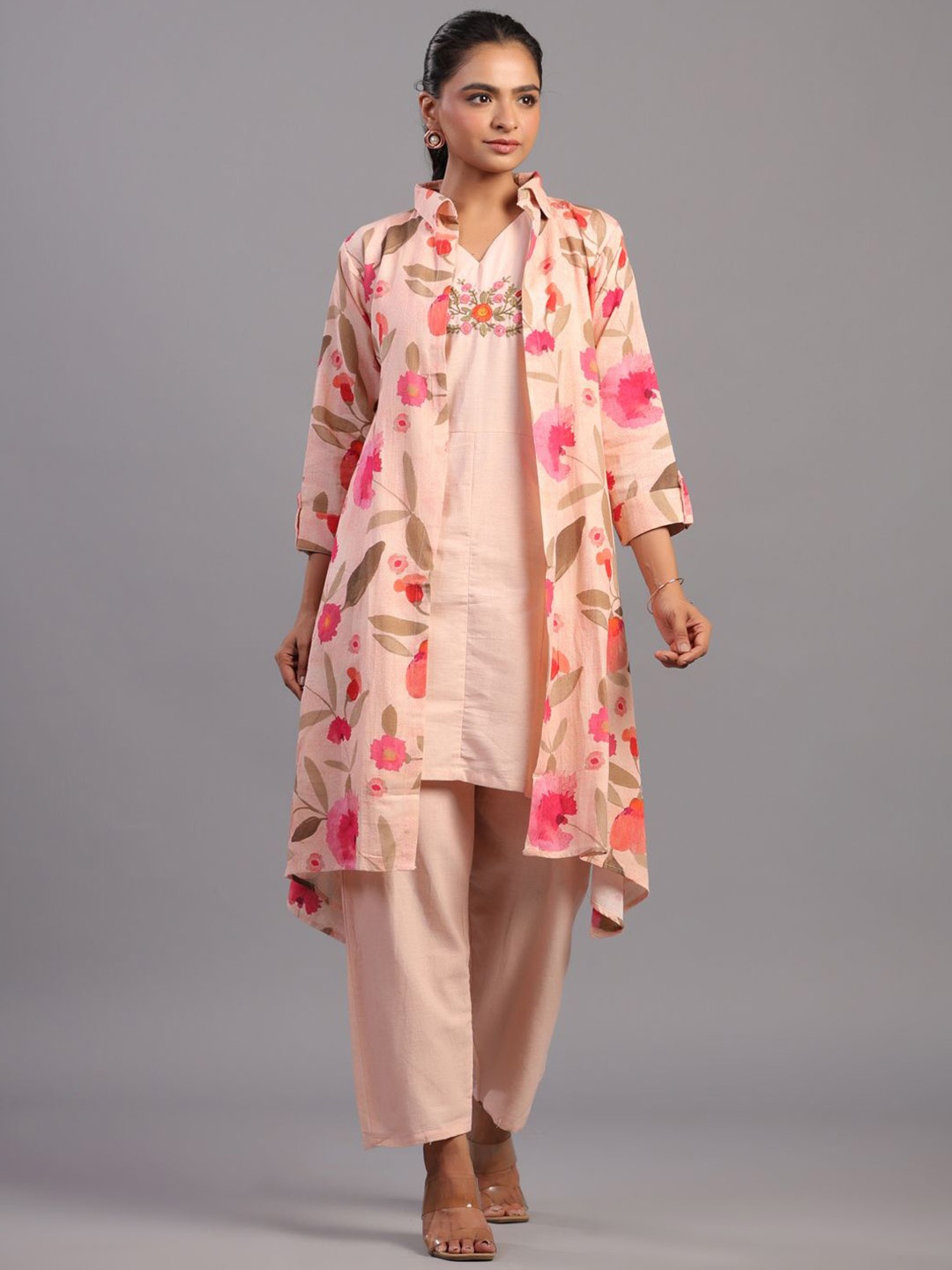 

Amchoor Peach Embroidered Cotton Linen Tunic With Trouser & Shrug