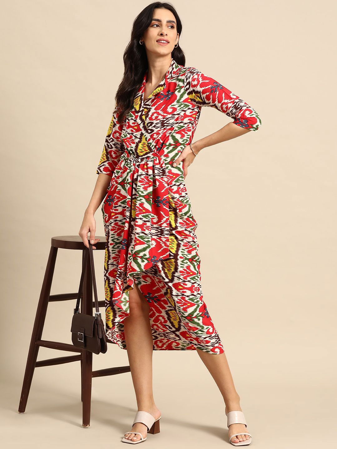 

MABISH by Sonal Jain Women Abstract Printed Wrap Midi Dress, Red