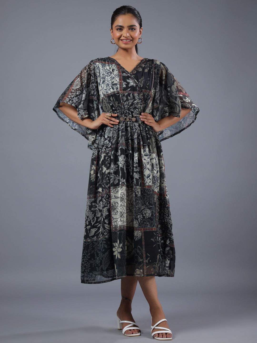 

Amchoor Floral Print Flared Sleeve Georgette Fit & Flare Midi Dress, Black