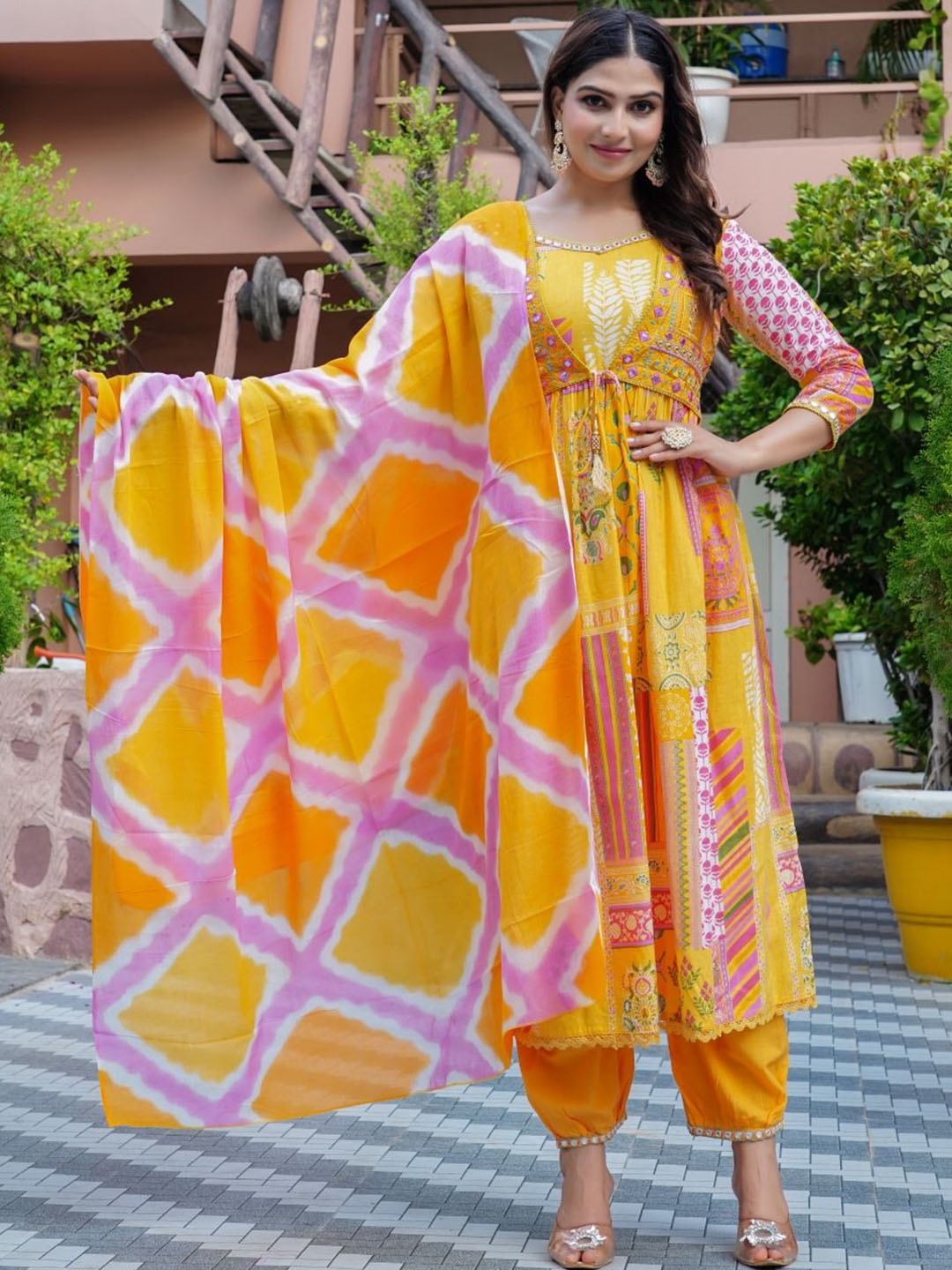 

KALINI Floral Printed Mirror Work Pure Cotton Kurta with Trousers & Dupatta, Yellow