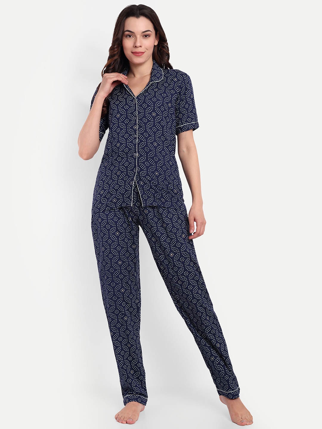 

GAB Women Printed Lapel Collar Night suit, Navy blue