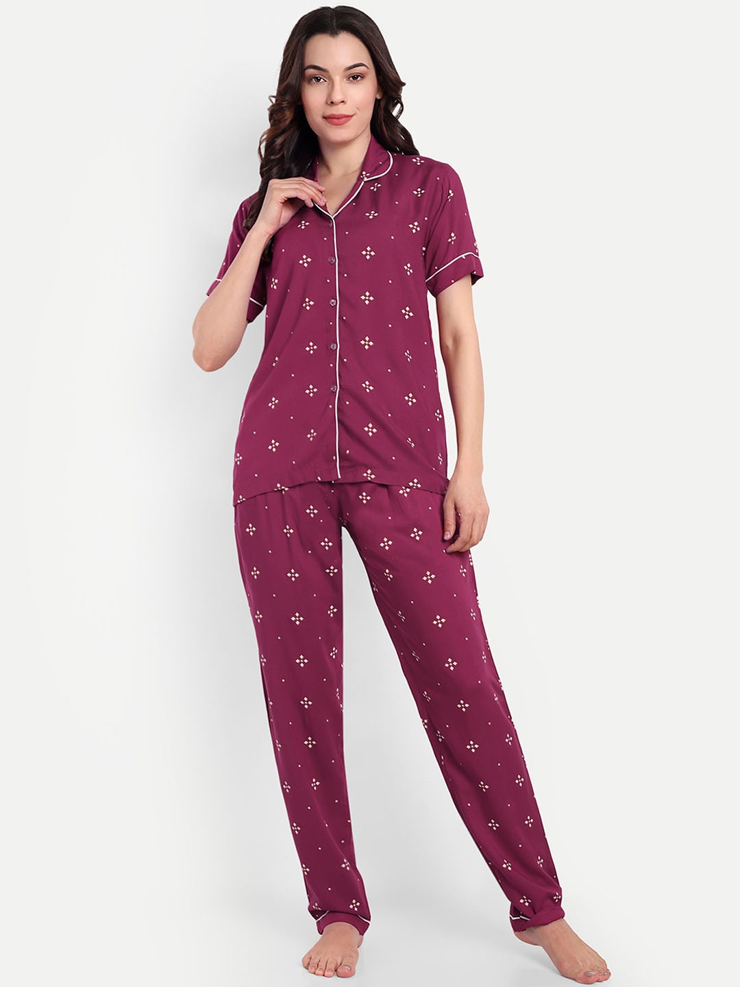 

GAB Women Printed Shirt Collar Short Sleeves Cotton Shirt and Pyjamas Night suit, Maroon