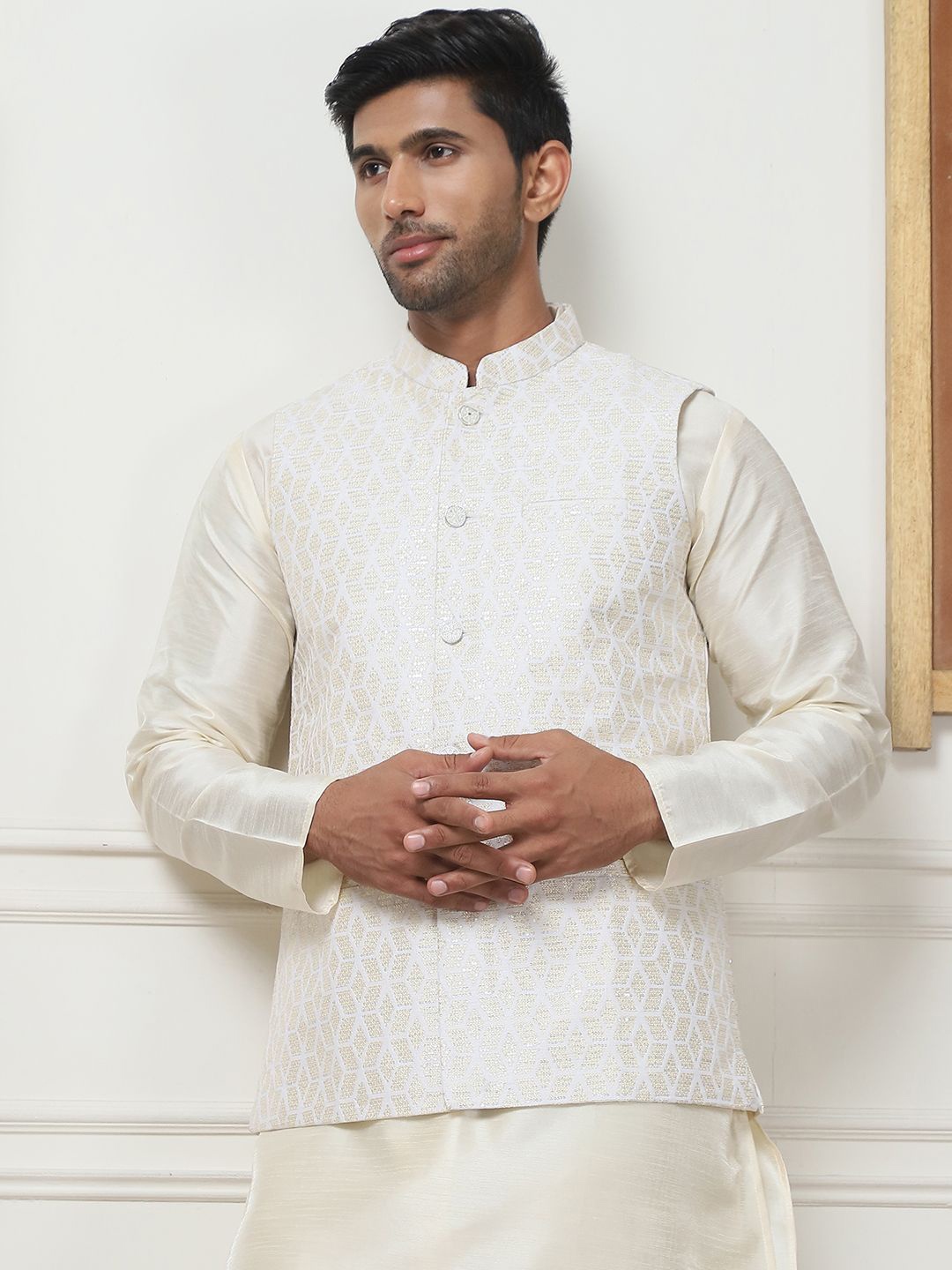 

Anouk Yellow Mandarin Collar Long Sleeves Regular Kurta with Churidar & Nehru Jacket, White