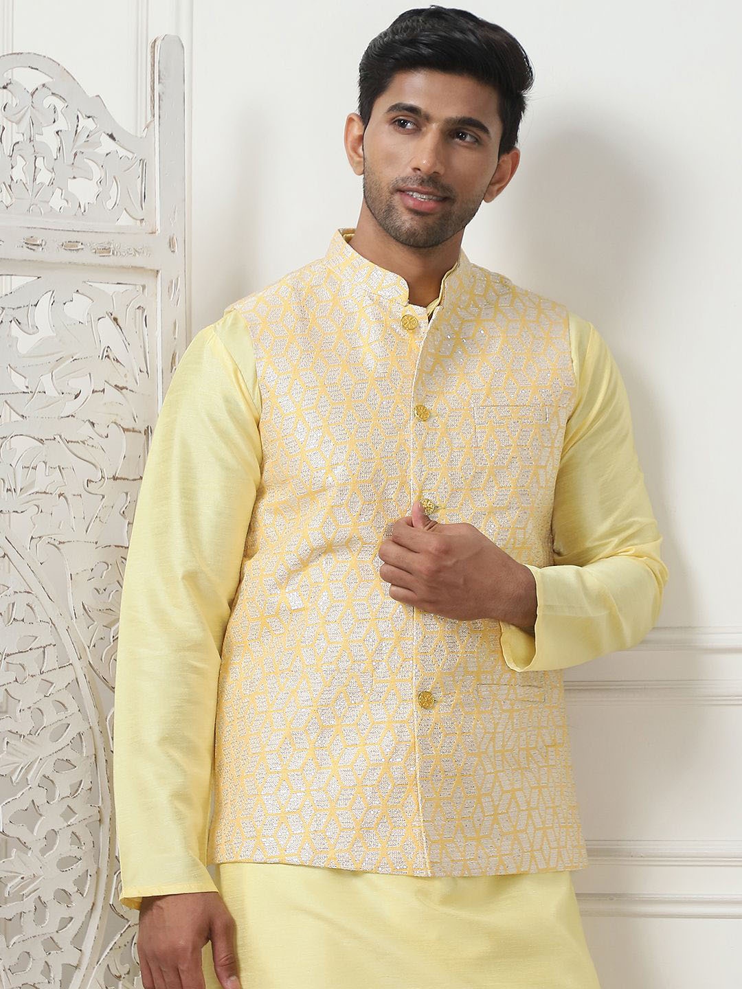 

Anouk Yellow Mandarin Collar Long Sleeves Regular Kurta with Churidar & Nehru Jacket