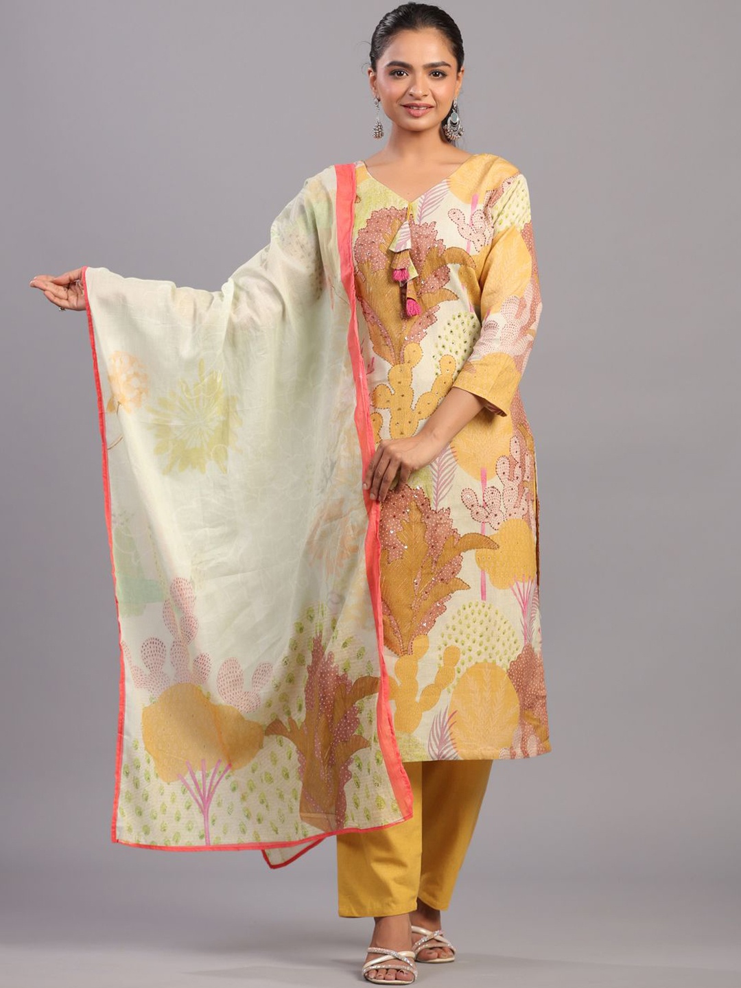 

Amchoor Floral Printed Regular Sequinned Kurta With Trousers & Dupatta, Mustard