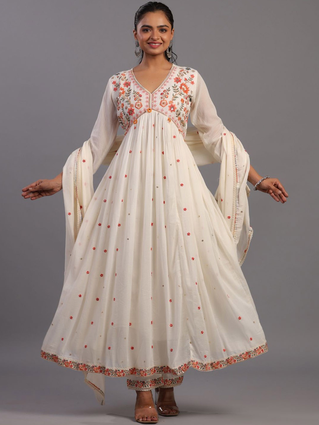 

Amchoor Floral Embroidered Regular Mirror Work Kurta With Trousers & Dupatta, Cream