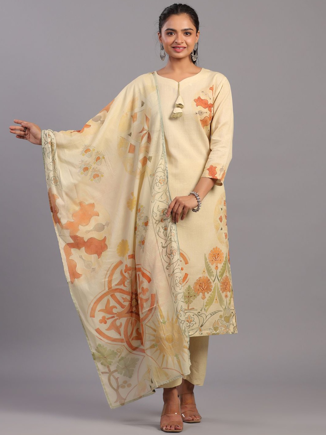 

Amchoor Floral Printed Regular Sequinned Kurta With Trousers & Dupatta, Beige