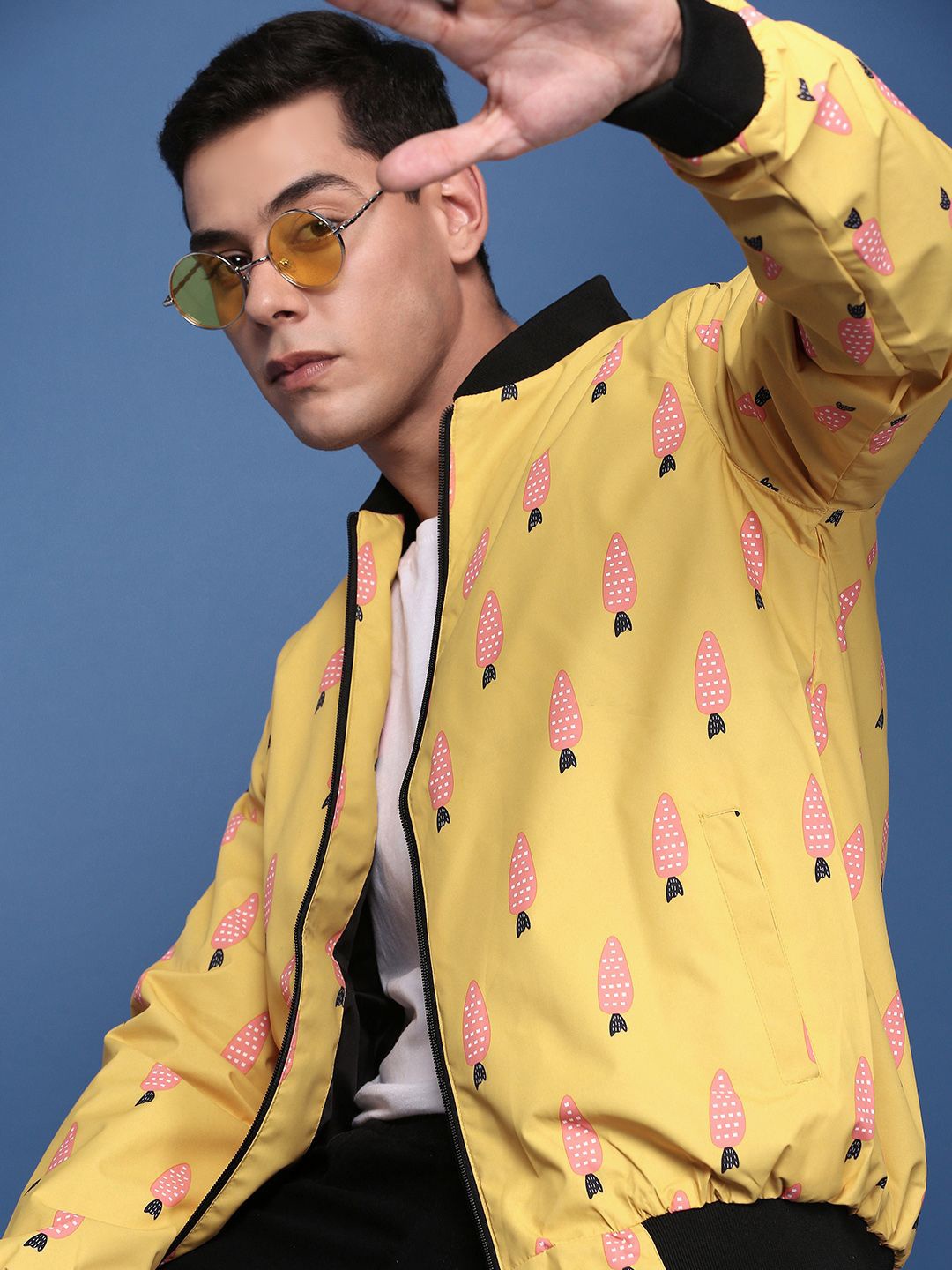 

SHOWOFF Men Geometric Printed Windcheater Longline Bomber with Embroidered Jacket, Mustard