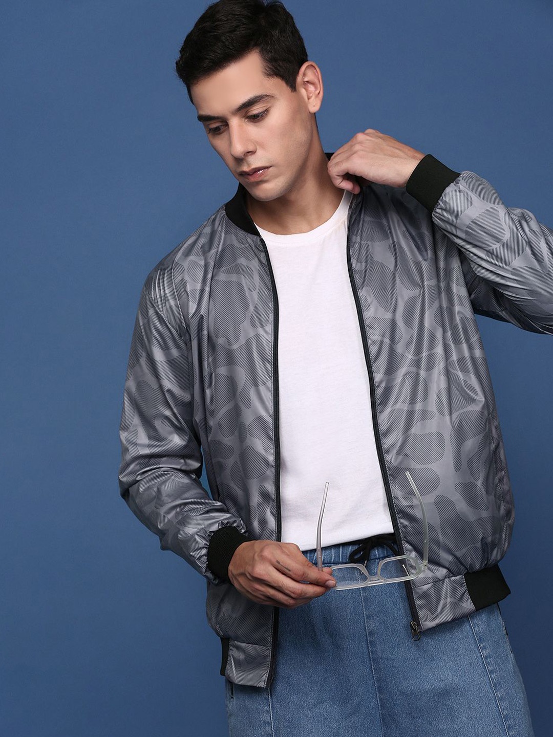 

SHOWOFF Men Camouflage Checked Windcheater Bomber Jacket, Grey