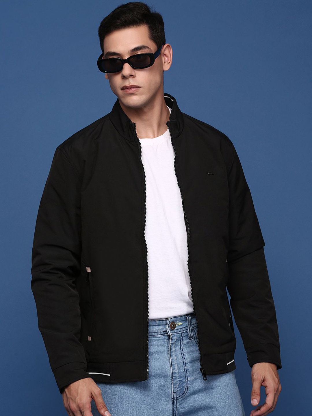 

SHOWOFF Men Windcheater Longline Bomber with Patchwork Jacket, Black