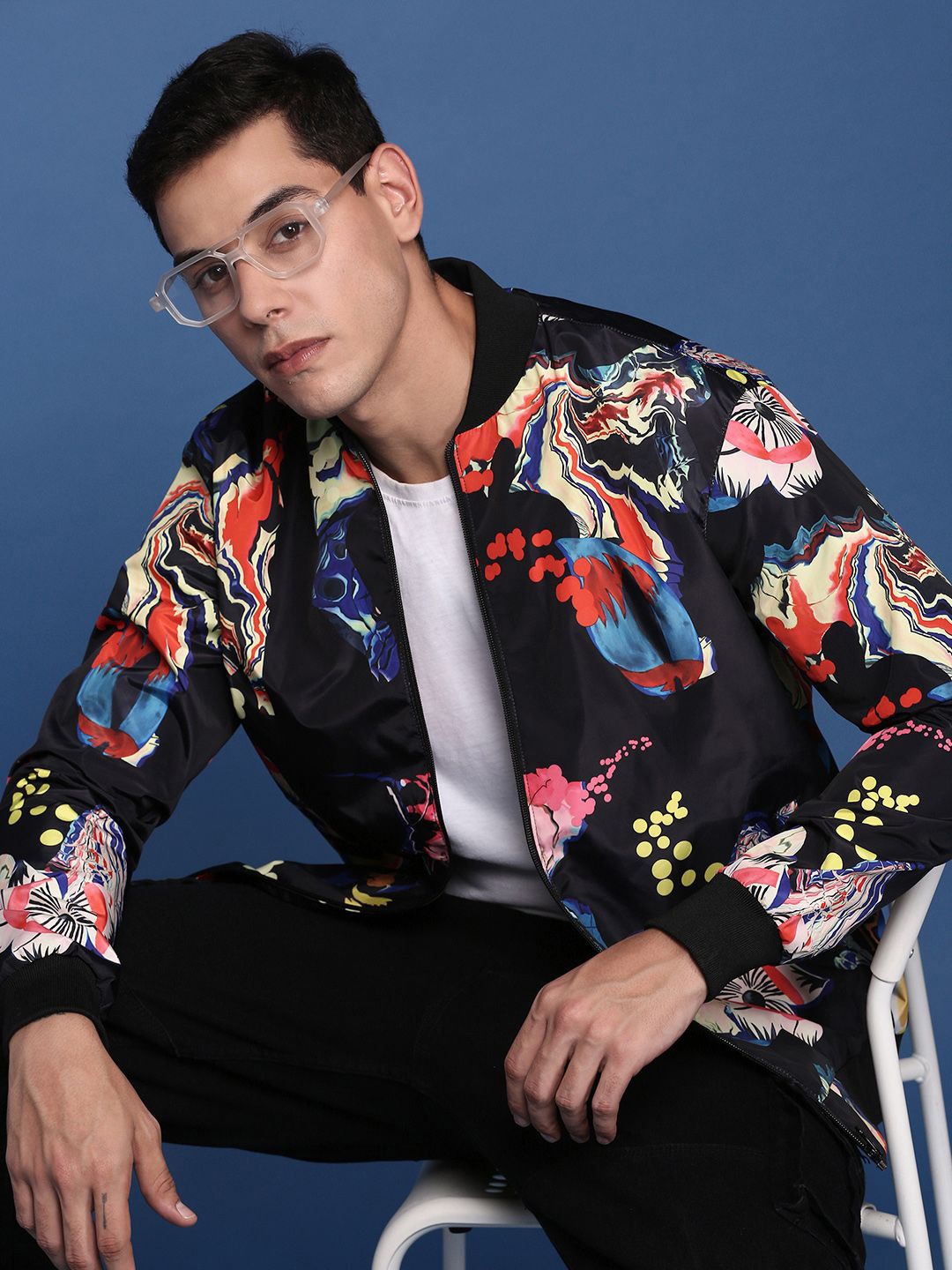 

SHOWOFF Men Floral Windcheater Crop Mandarin Collar Printed Black Bomber Jacket
