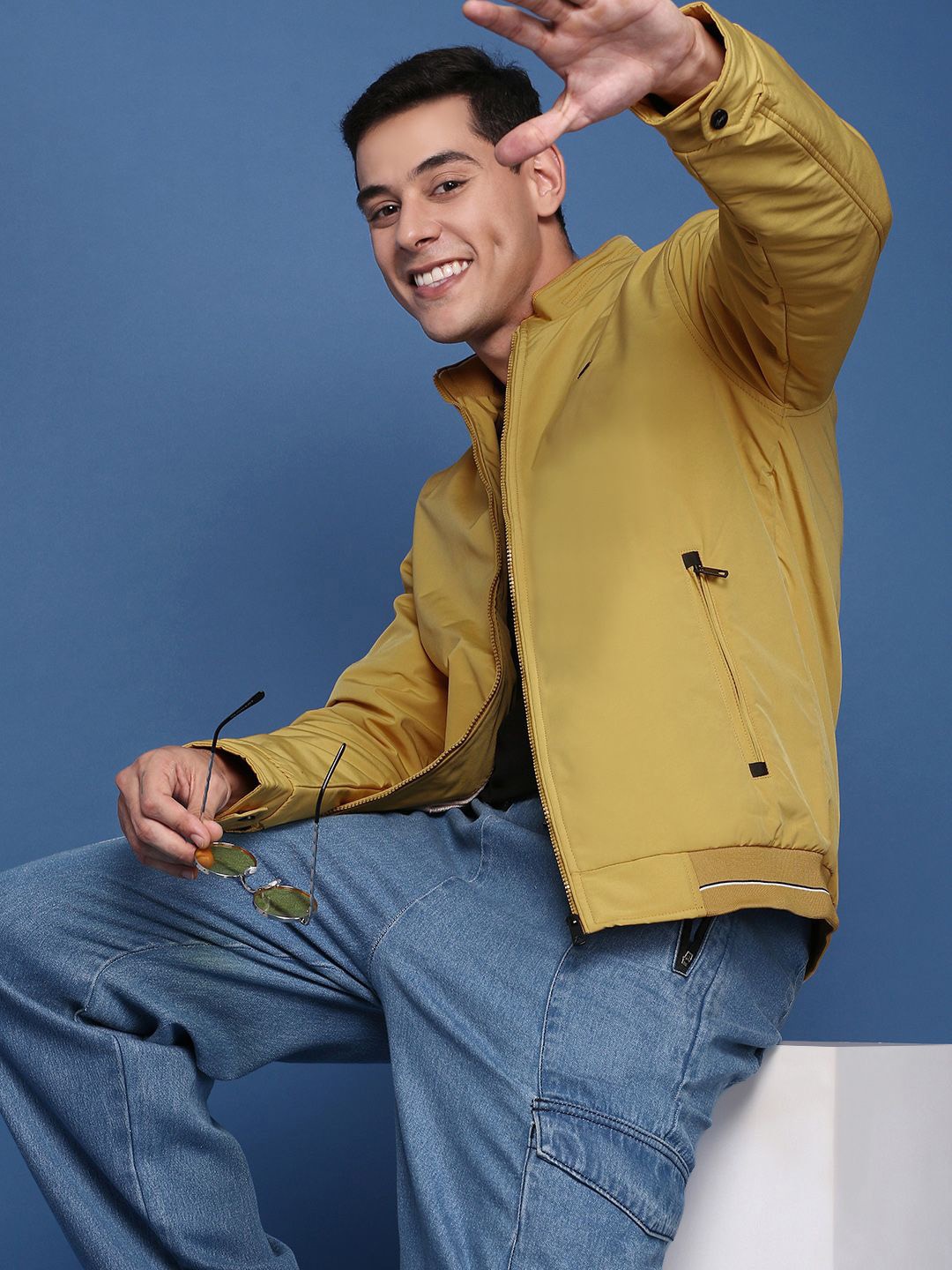 

SHOWOFF Men Windcheater Mock Collar Solid Yellow Bomber Jacket