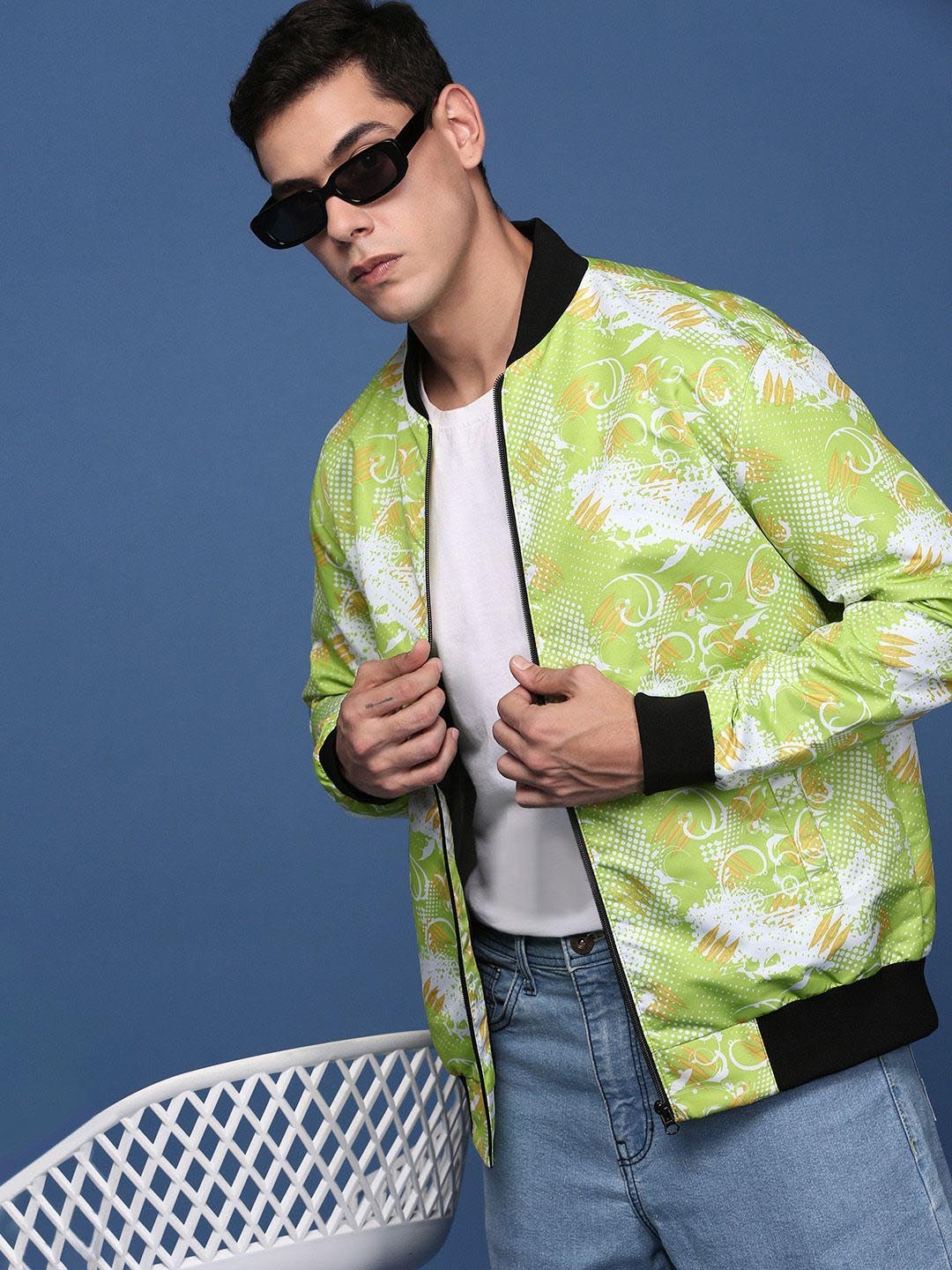 

SHOWOFF Men Abstract Printed Windcheater Bomber Jacket, Green