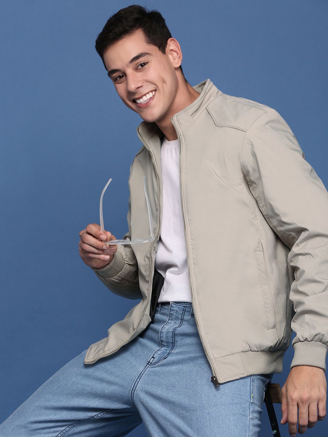 

SHOWOFF Men Mandarin Collar Solid Cream Windcheater Bomber Jacket