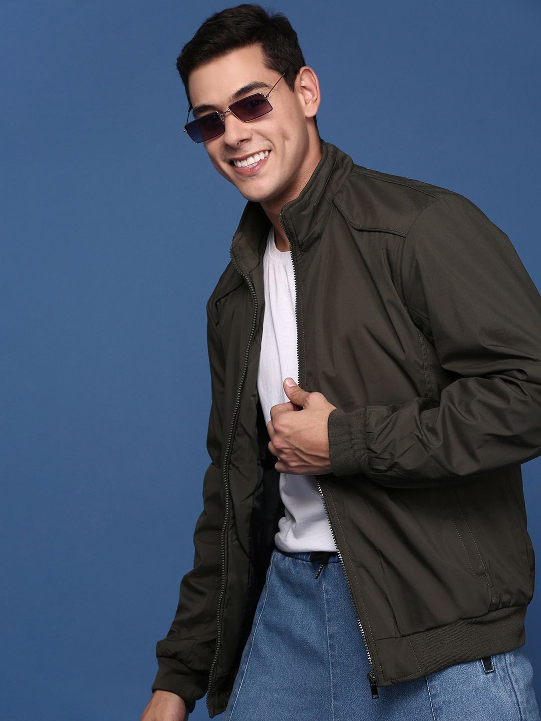 

SHOWOFF Men Mandarin Collar Solid Olive Windcheater Longline Bomber Jacket