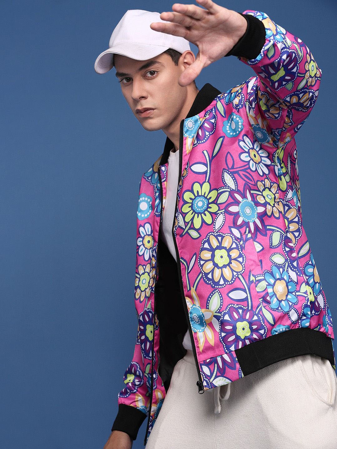 

SHOWOFF Men Printed Floral Windcheater Crop Bomber with Embroidered Jacket, Pink