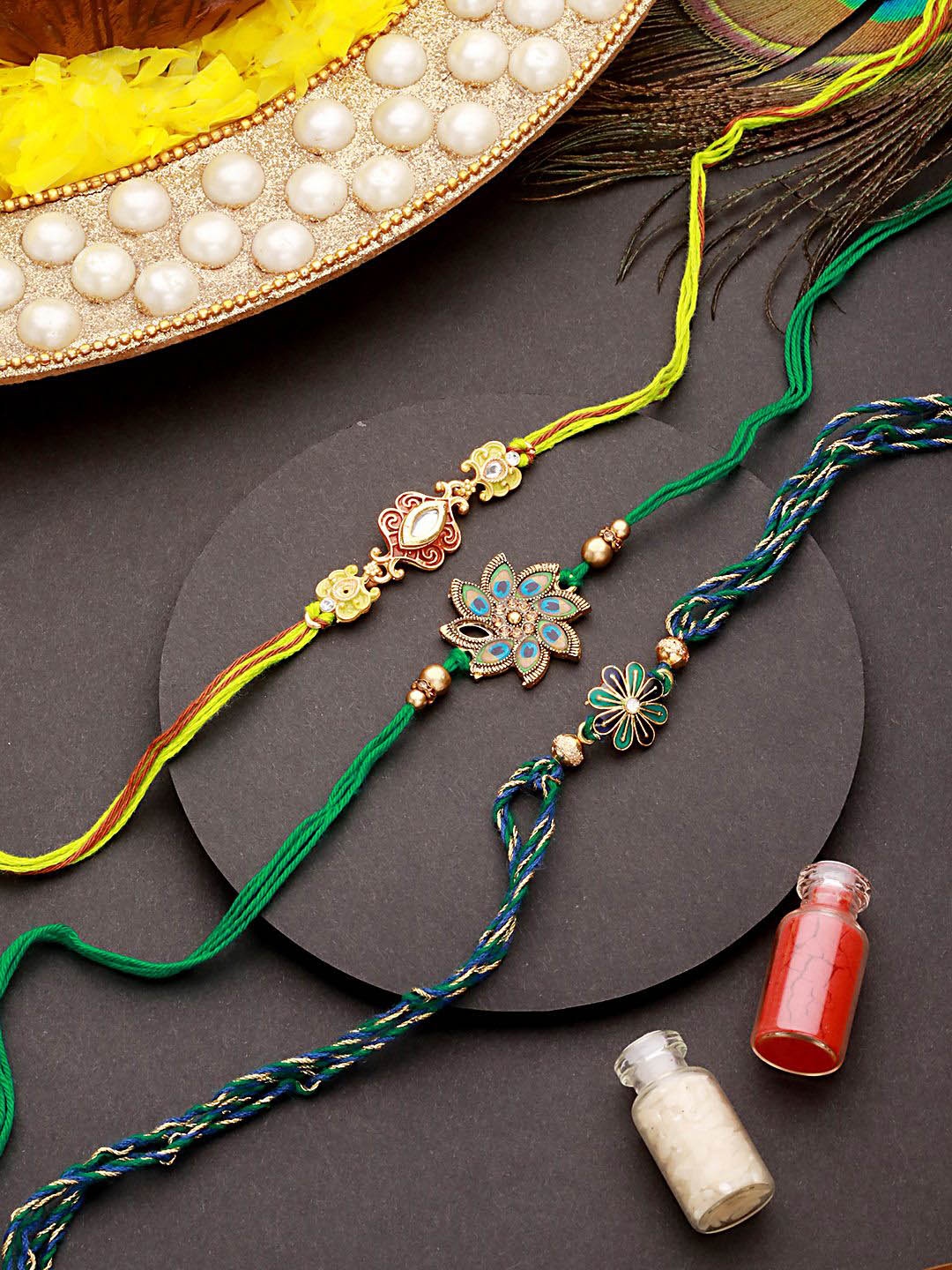 

Anouk Green Set of 3 Beaded Rakhi with Roli Chawal