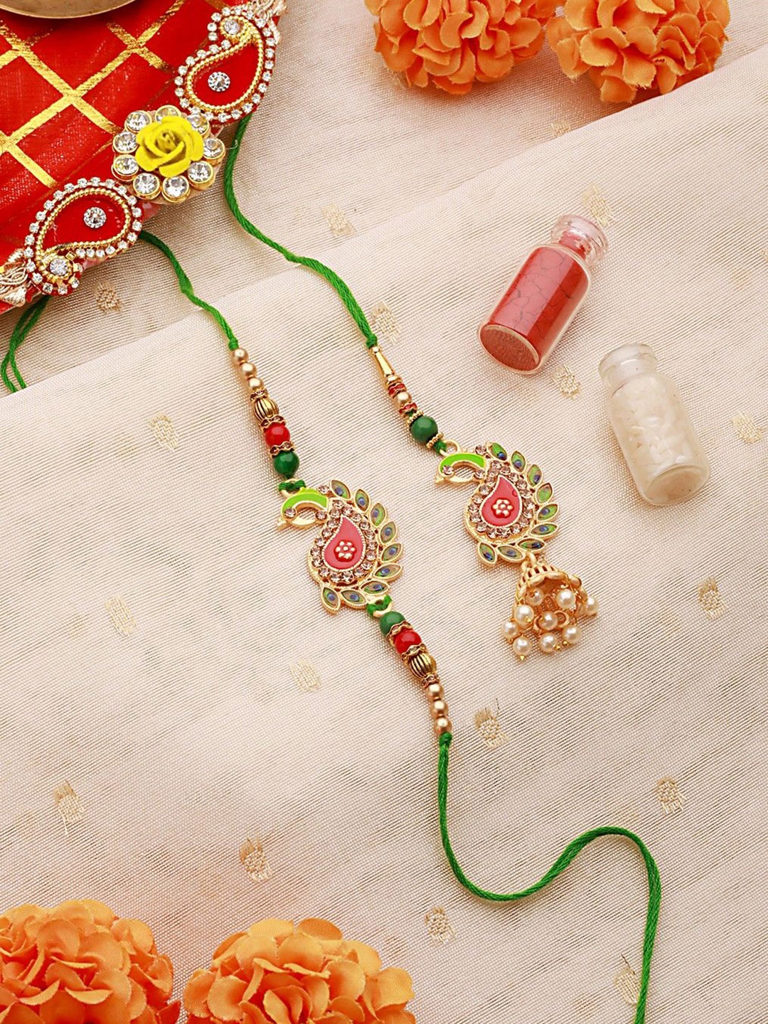 

Anouk Green Set of 2 Beaded Bhaiya Bhabhi Rakhi with Roli Chawal