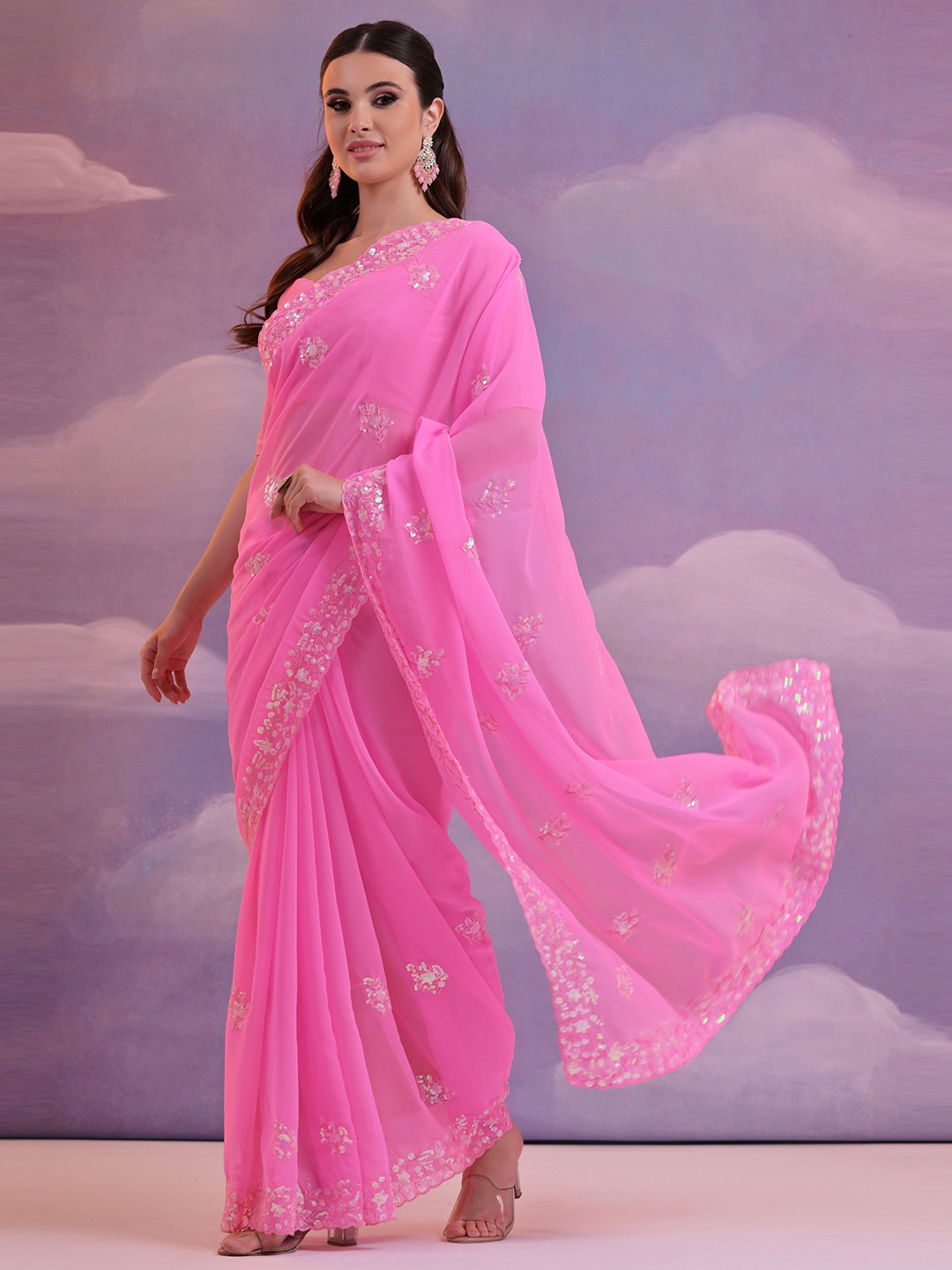 

CANIZZARO Floral Sequinned Pure Georgette Saree, Pink