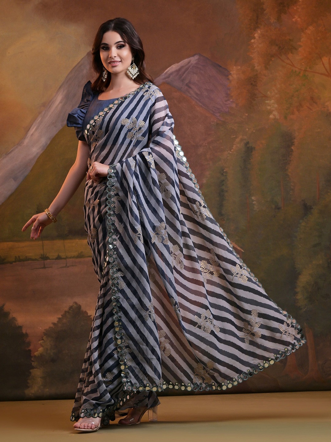 

CANIZZARO Striped Mirror Work Pure Georgette Saree, Blue