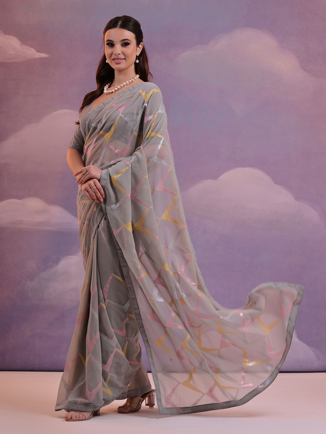 

CANIZZARO Sequinned Pure Georgette Saree, Grey
