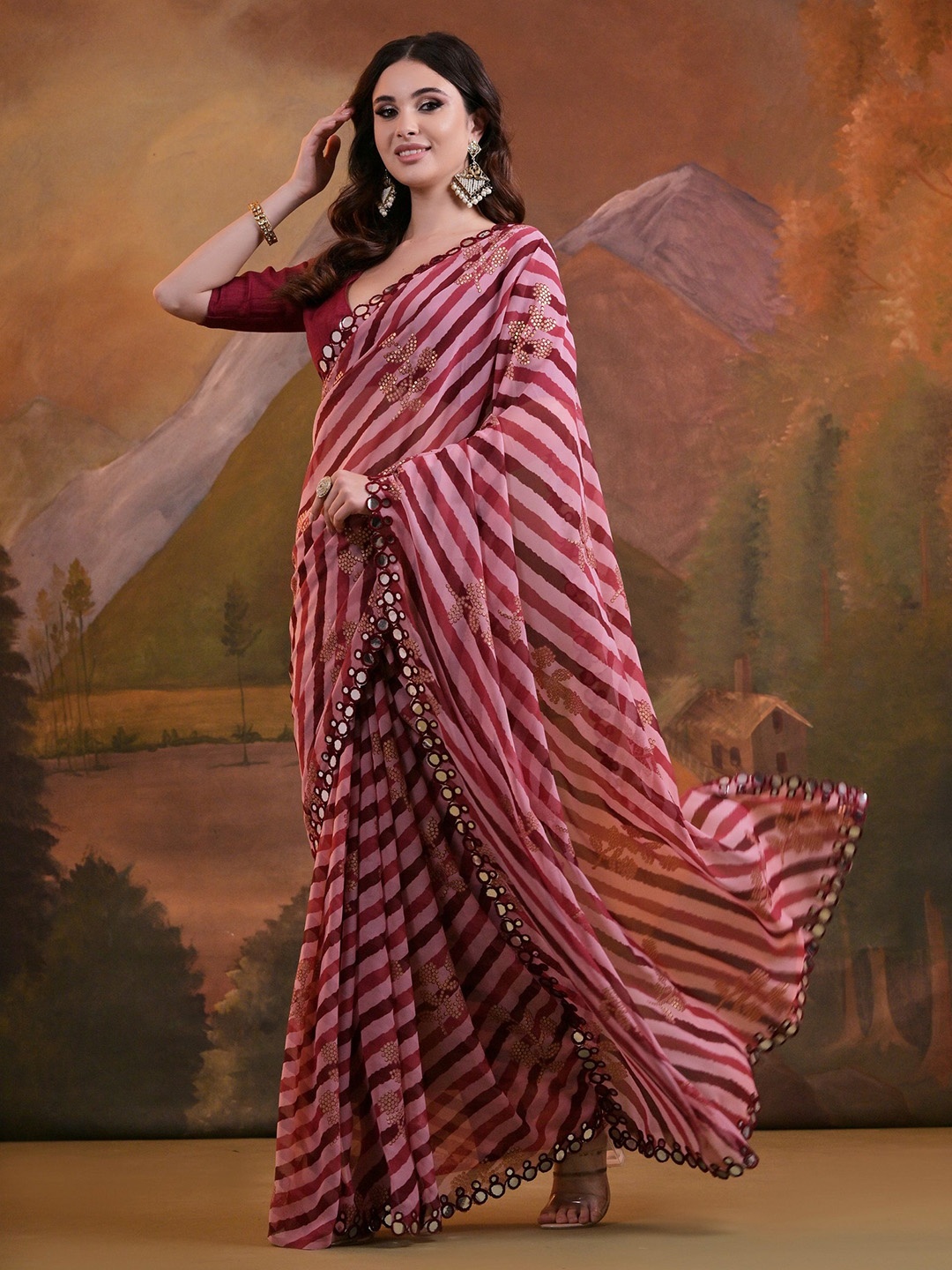 

CANIZZARO Floral Mirror Work Pure Georgette Saree, Maroon