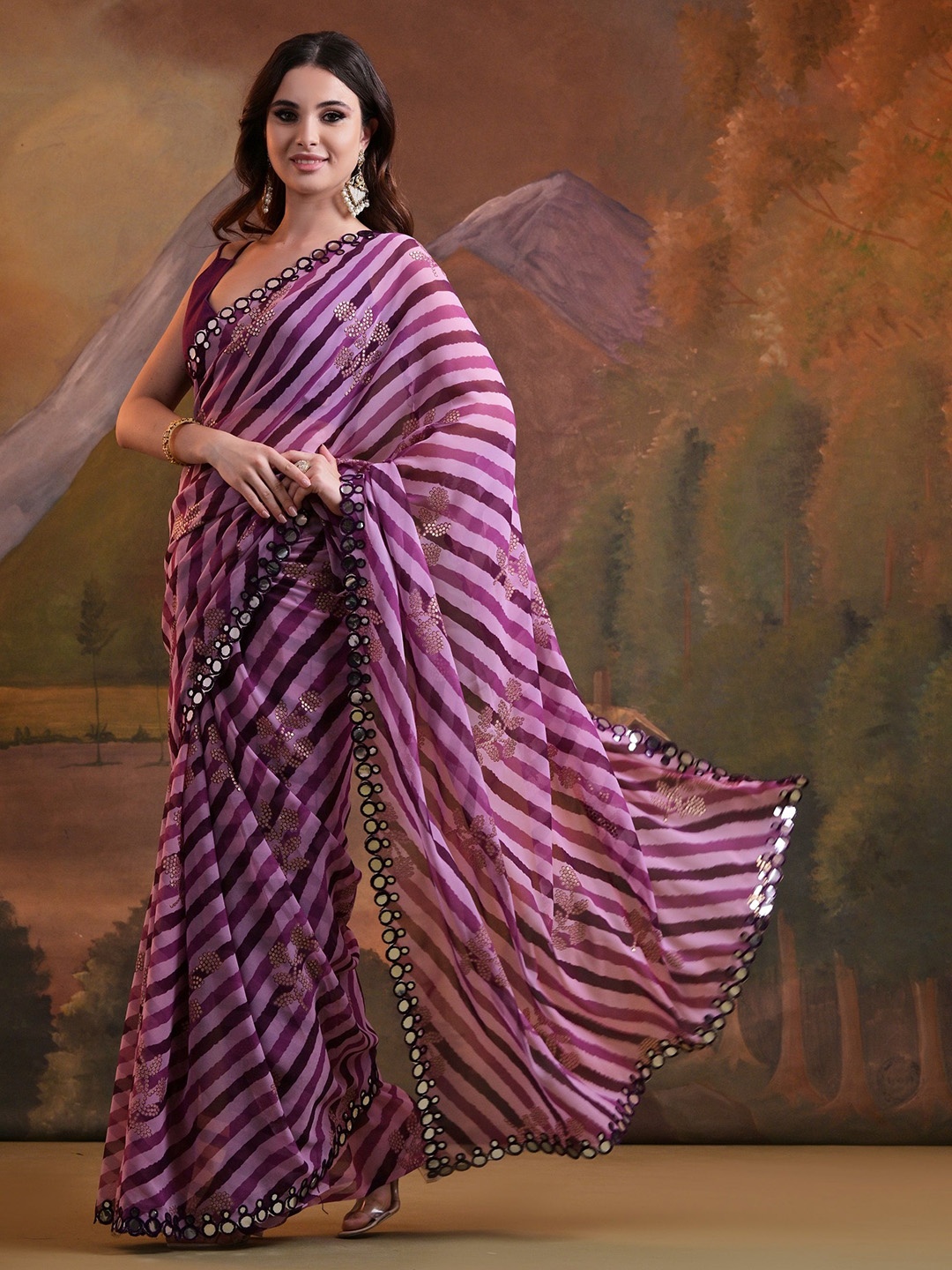

CANIZZARO Leheriya Mirror Work Pure Georgette Heavy Work Saree, Magenta