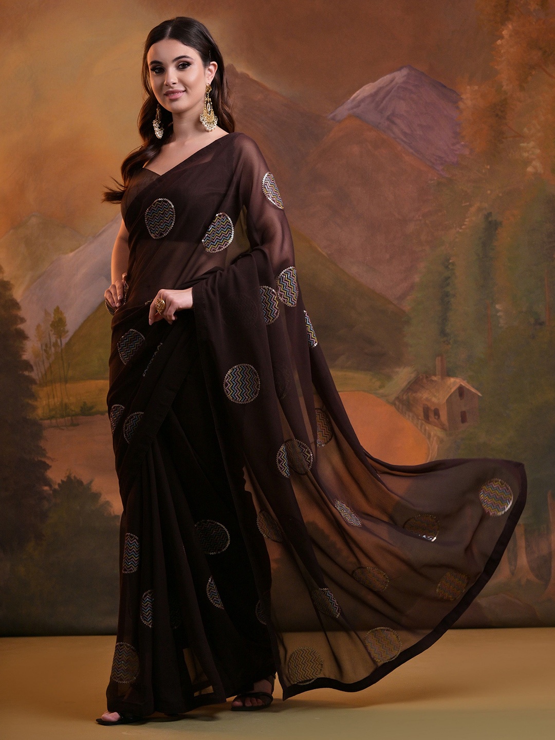 

CANIZZARO Pure Georgette Ethnic Motifs Sequinned Festive Saree, Brown