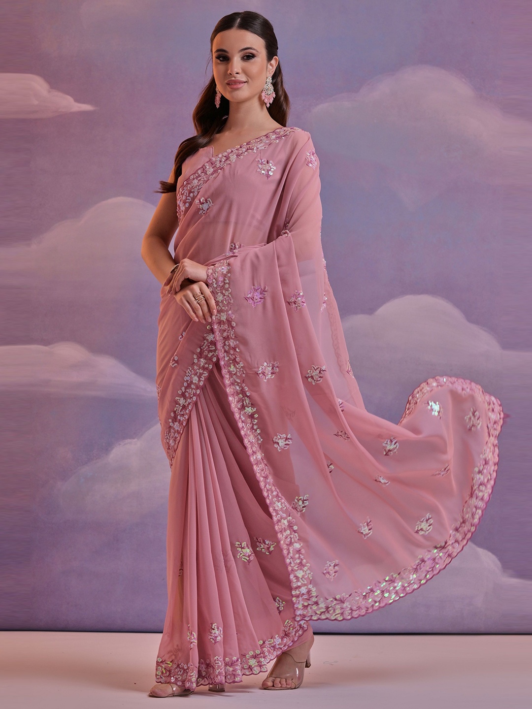 

CANIZZARO Embellished Sequinned Pure Georgette Party Saree, Peach