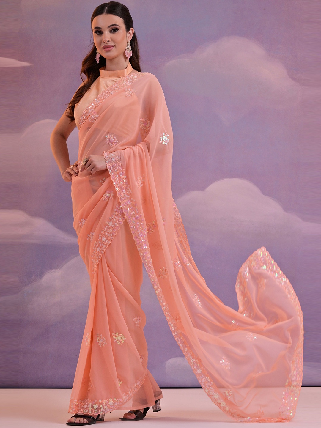 

CANIZZARO Ethnic Motifs Sequinned Pure Georgette Saree, Peach