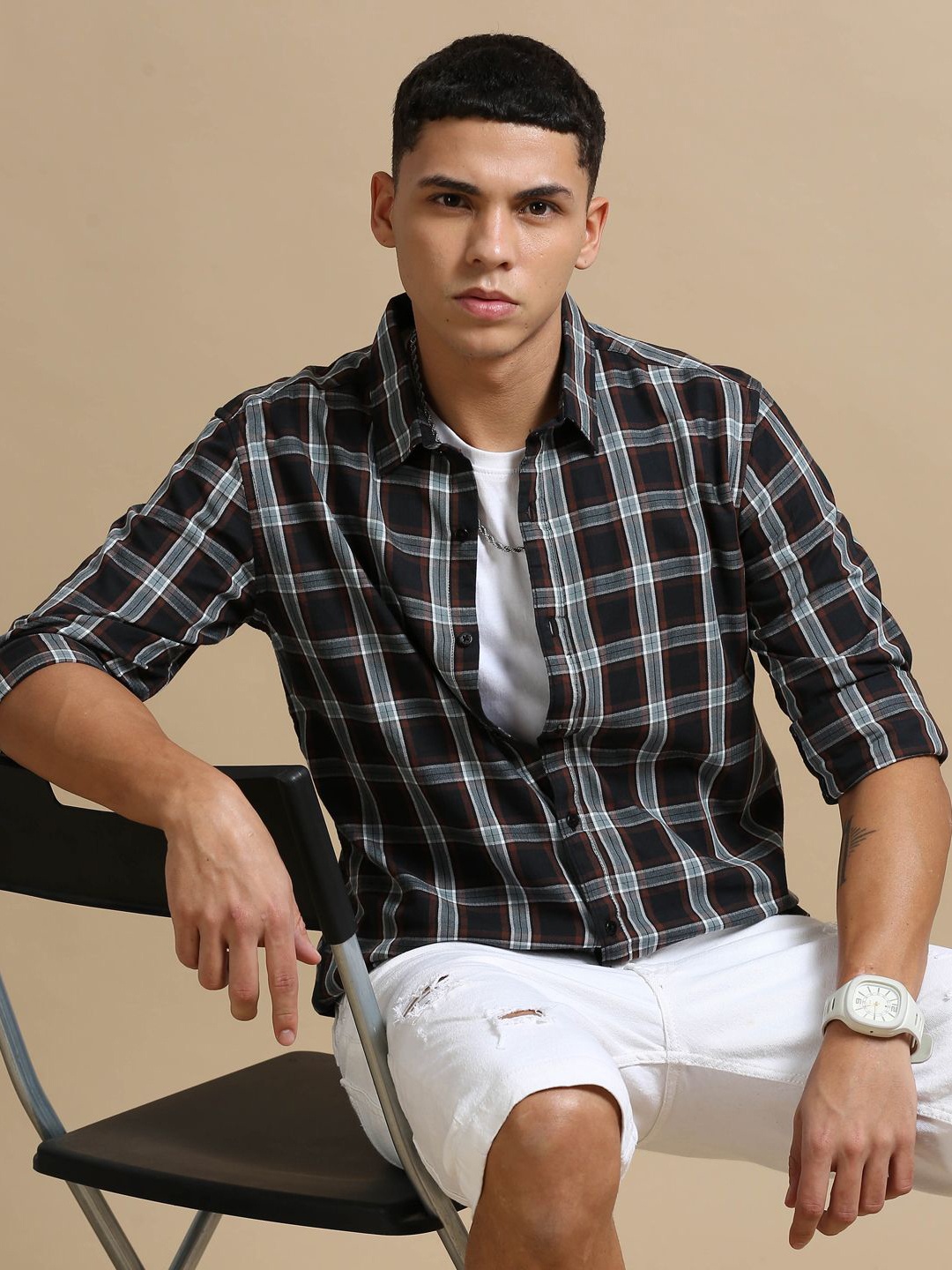 

Bushirt Men Classic Tartan Checked Cotton Casual Shirt, Brown