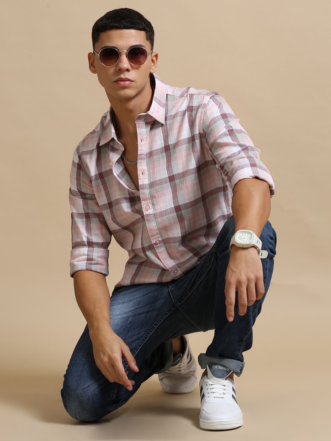 

Bushirt Men Classic Tartan Checked Cotton Casual Shirt, Pink
