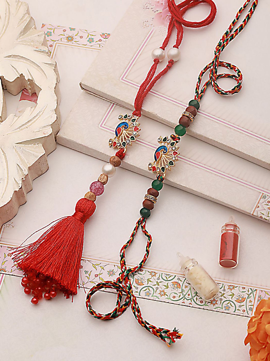 

Anouk Red Set of 2 Beaded Bhaiya Bhabhi Rakhi with Roli Chawal