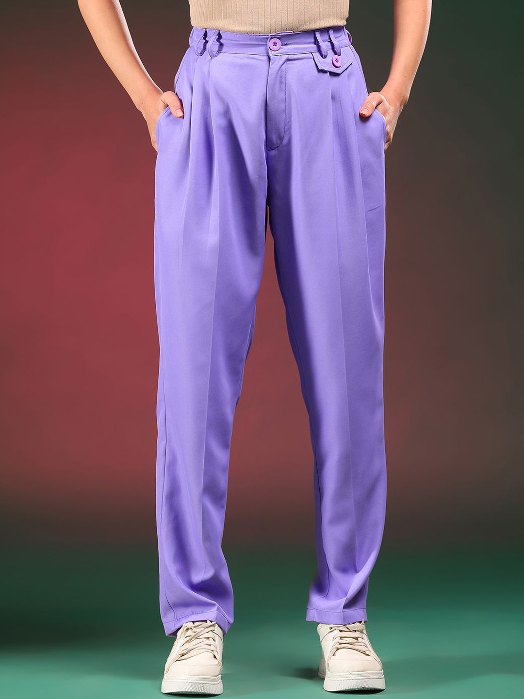 

Kotty Women Solid Relaxed Mid-Rise Regular FitPleated RegularTrousers, Purple