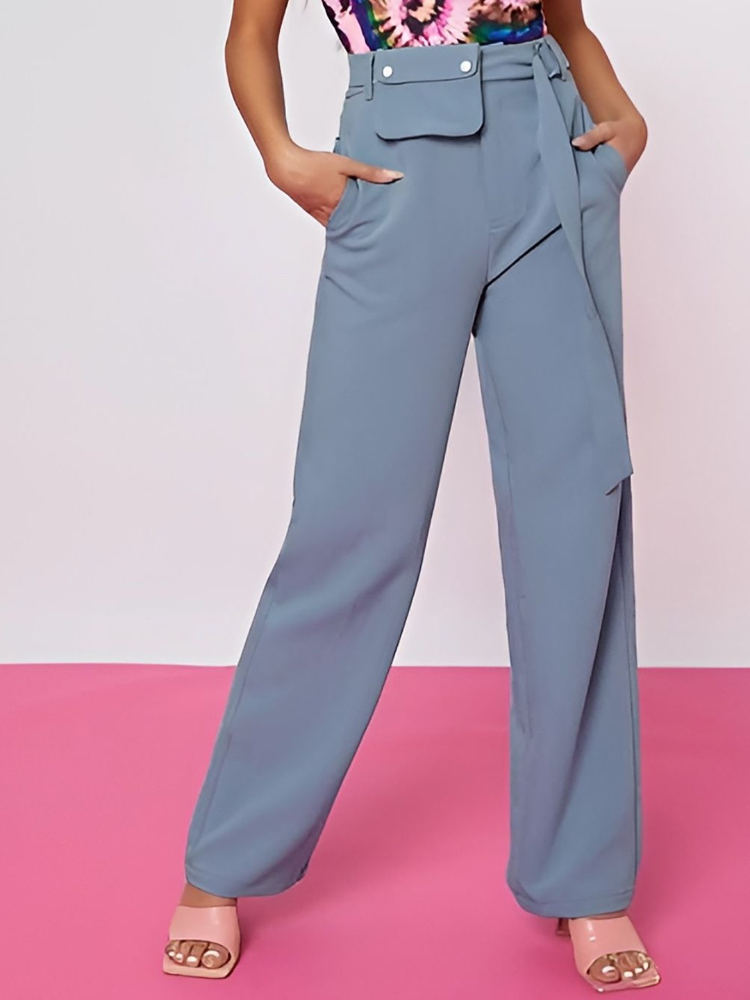 

Kotty Women Relaxed Straight Fit High-Rise Easy Wash Parallel Trousers, Blue