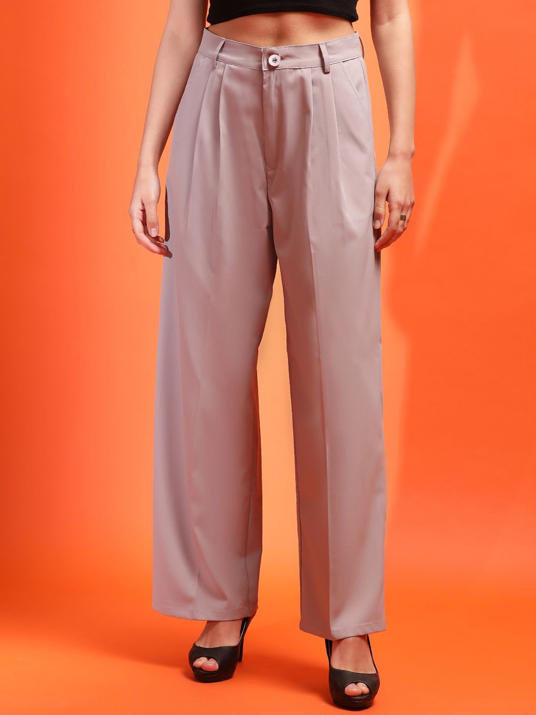 

KOTTY BIZwear Women Relaxed Straight Fit High-Rise Easy Wash Pleated Trousers, Grey