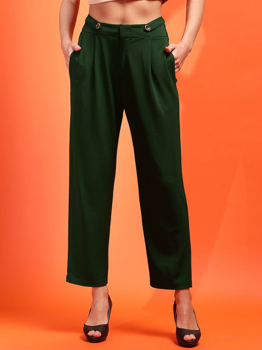

Kotty Women Relaxed High-Rise Easy Wash Pleated Peg Trousers, Green