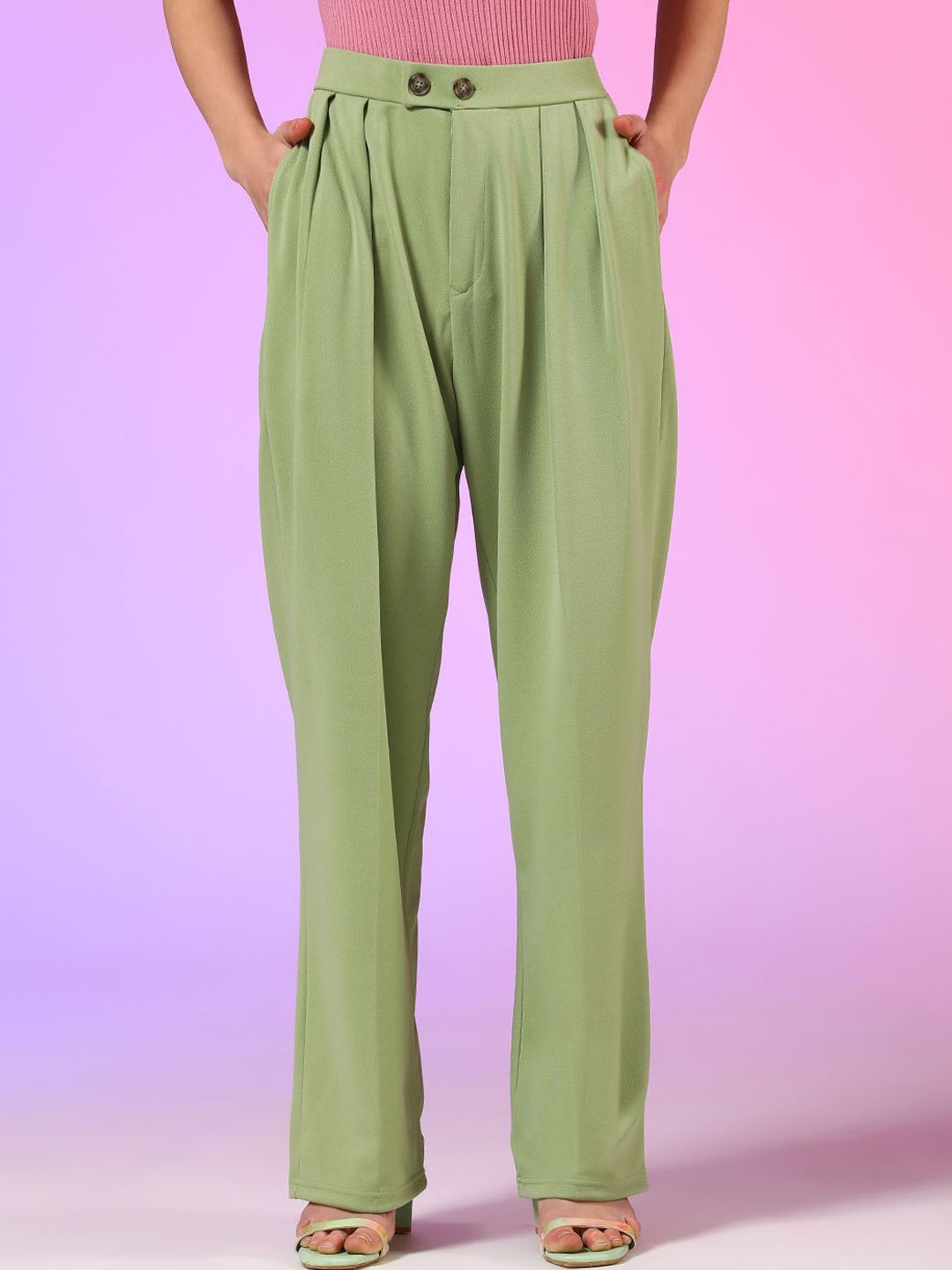 

Kotty Women Relaxed Straight Fit Pleated High-Rise Trousers, Green