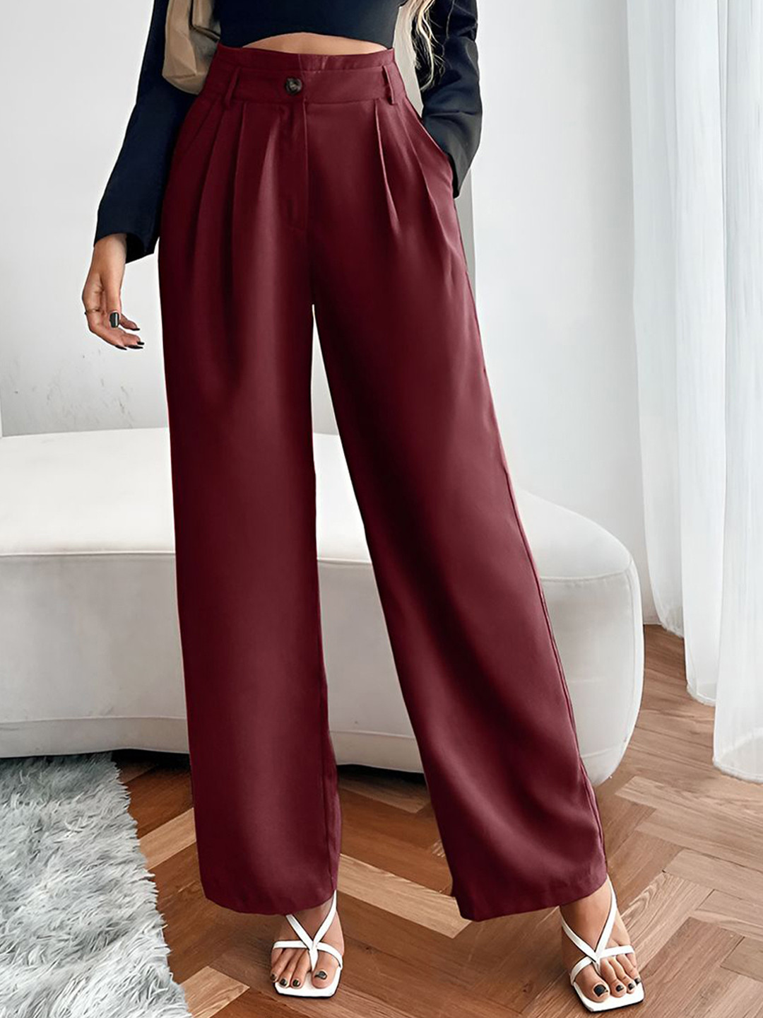 

Kotty Women Relaxed Straight Fit High-Rise Easy Wash Pleated Parallel Trousers, Maroon