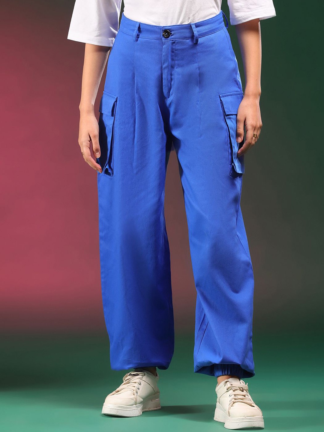 

Kotty Women Relaxed Loose Fit High-Rise Easy Wash Cargo Trousers, Blue